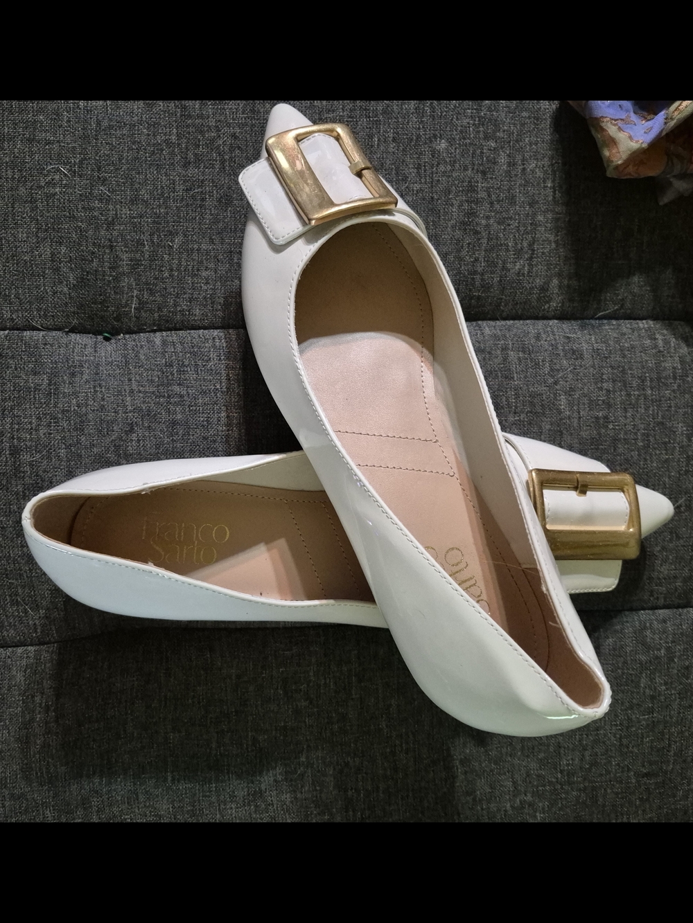 Franco Sarto Women's White Pointed Toe Flats with Gold Buckle Accent 10M